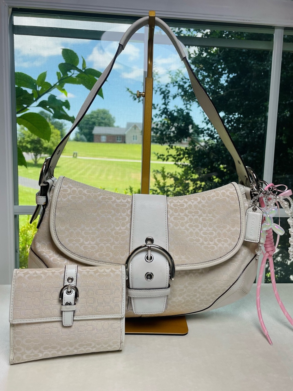 Coach Vintage Cream Pearl White Soho Signature Mini C Logo Shoulder Bag Set-6808